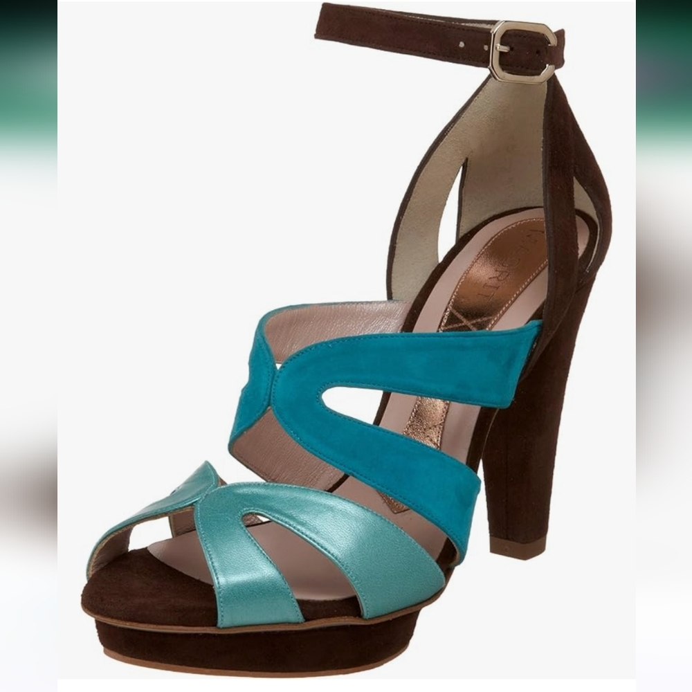 Magrit Spain Leather & Suede Ankle Strap Platform Heels Teal Blue & Brown 37.5 7